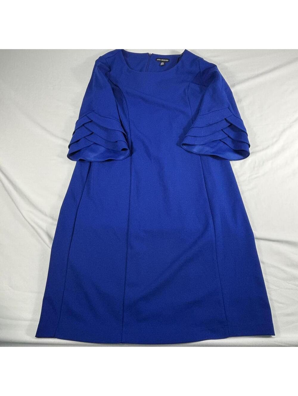 Nina Leonard Scoop Neck Royal Blue Ruffled 3/4 Sleeve Dress Size L